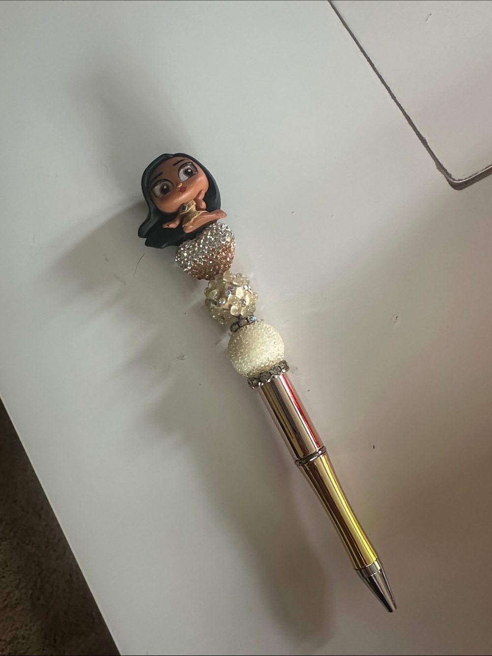 Beaded Character Top Ballpoint Pen - Cream & Gold Accents